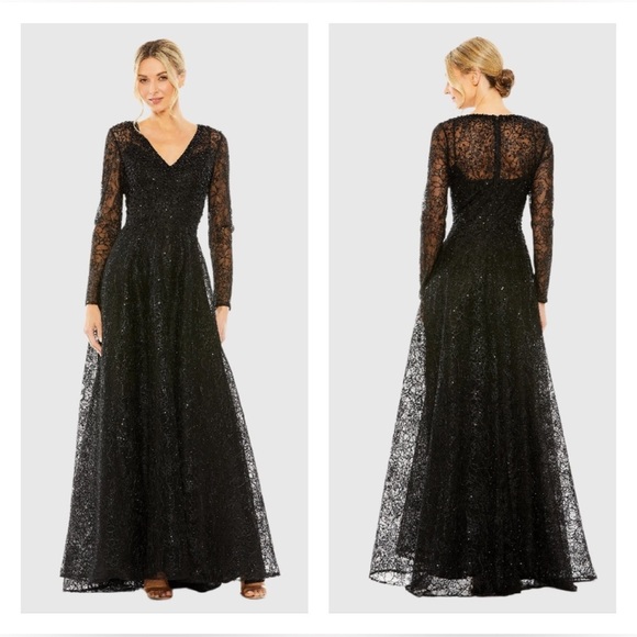 Mac Duggal 20367 NWT Black Crystal Embellished Long Sleeve V Neck Gown - Picture 2 of 10